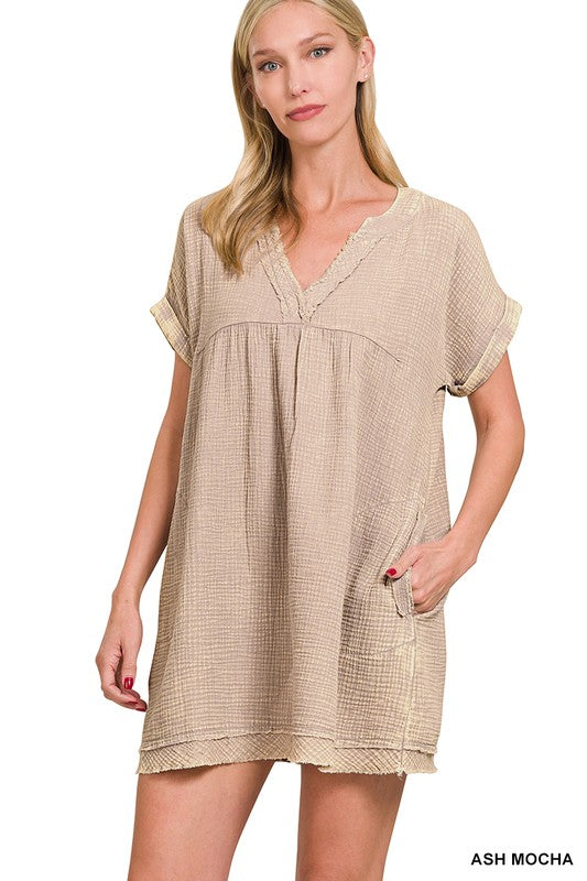 Washed Double Gauze Raw Edge V-neck Dress