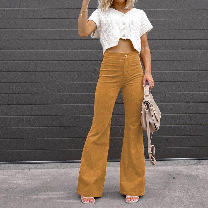 Solid Color Mid-Rise Slim Fit Corduroy Casual Pants