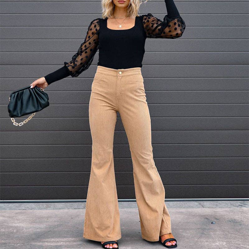 Solid Color Mid-Rise Slim Fit Corduroy Casual Pants